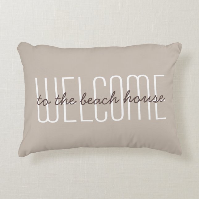 Welcome To The Beachhouse Quote Tan Decorative Decorative Cushion (Front)