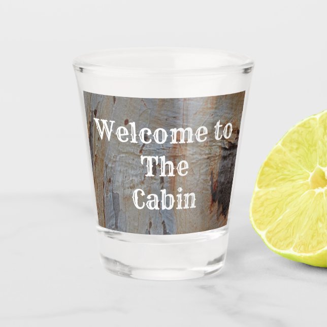 Welcome to the Cabin Tree Trunk Close-up Photo Shot Glass (Front)