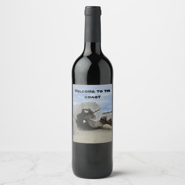 Welcome to the Coast Driftwood Pacific Ocean Photo Wine Label (Front)