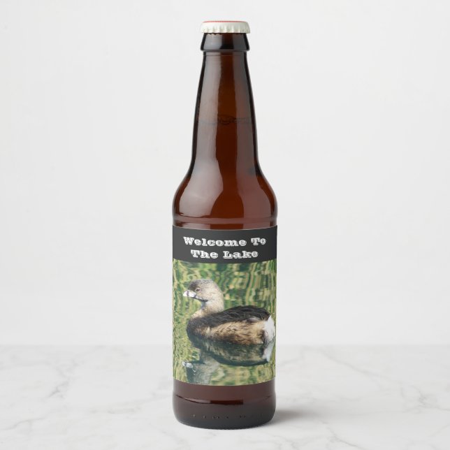 Welcome To The Lake Grebe Water Reflection Guest Beer Bottle Label (Front)