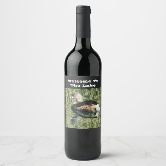 Welcome To The Lake Grebe Water Reflection Guest Wine Label (Front)