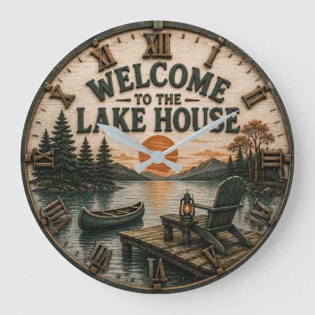 Welcome to the Lake House Rustic Canoe Cabin Large Clock (Front)