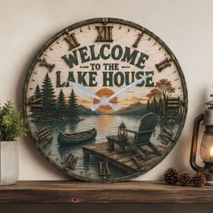 Welcome to the Lake House Rustic Canoe Cabin Large Clock