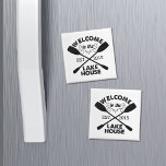 Welcome to the Lake House | Rustic Personalised Magnet<br><div class="desc">Remind your guests (and yourself) that it's time to kick back and relax with this cute rustic-style fridge magnet. Design features "Welcome to the Lake House" in black sandblasted typography with a rope illustration and crossed canoe paddles. Customise with your year established.</div>