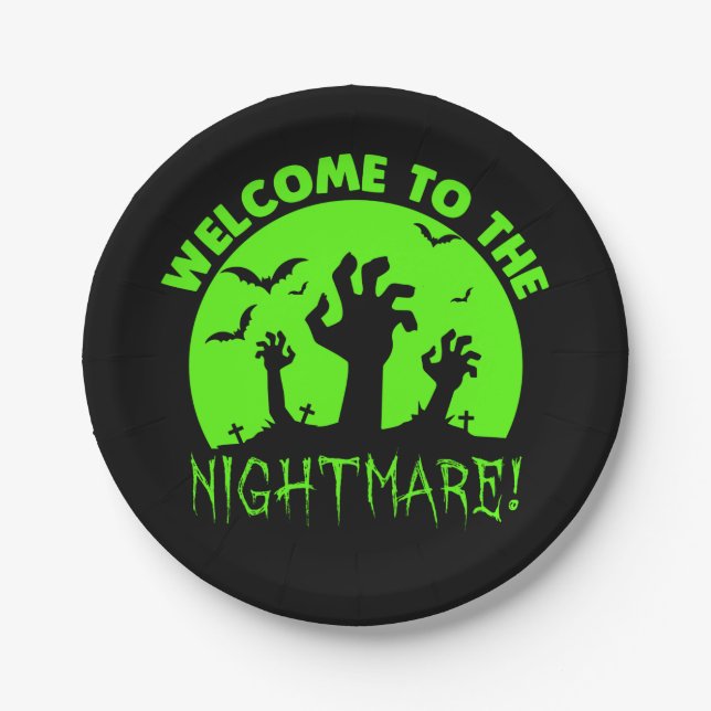 Welcome to the Nightmare Green Halloween 7" Paper Plate (Front)