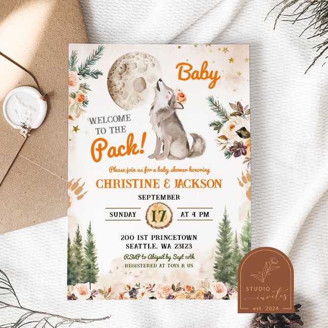 Welcome To The Pack Orange Wolf Co-Ed Baby Shower Invitation (Creator Uploaded)