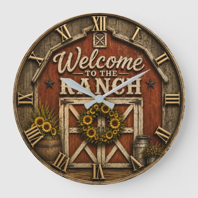 Welcome to the Ranch Rustic Barn Door Farmhouse  Large Clock (Front)