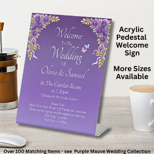 Welcome to the Wedding Purple Mauve Flowers Pedestal Sign