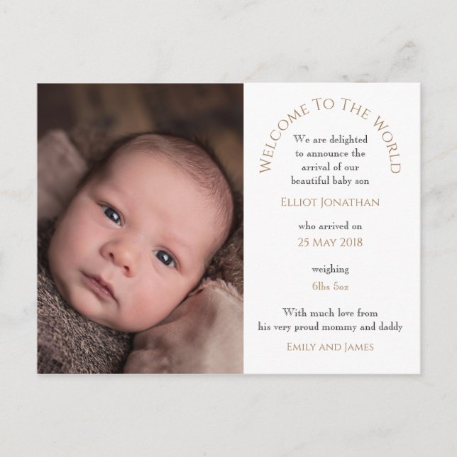 Welcome to the World Baby Boy Photo Typography Postcard (Front)