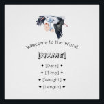 Welcome to the World Custom Name & Birth Stats Bab Poster<br><div class="desc">Personalized Design – Watercolor Stork | Welcome to the World Custom Name & Birth Stats Gift Welcome the newest bundle of joy with this adorable Personalized Baby Design! Featuring a charming watercolor stork and soft pastel style, this baby design can be fully customized with the baby’s name, birth date, time,...</div>