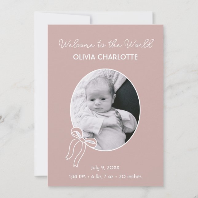 Welcome to the World Dusty Pink Newborn Baby Birth Announcement (Front)