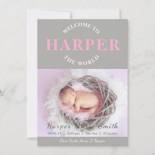Welcome to the World pink grey Birth Announcement