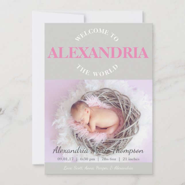 Welcome to the World pink grey Birth Announcement (Front)