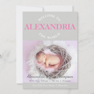 Welcome to the World pink grey Birth Announcement