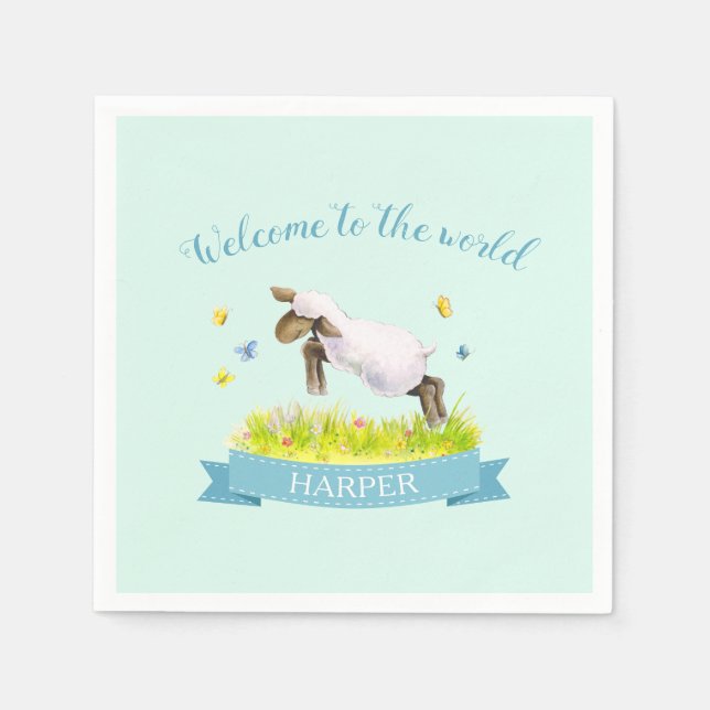 Welcome to the world spring lamb new baby aqua napkin (Front)