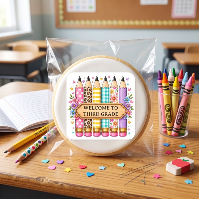 Welcome to Third Grade Cartoon Pencil Square Sticker (Creator Uploaded)
