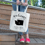 Welcome to Washington  | State Silhouette Wedding Tote Bag<br><div class="desc">Give your guests a warm welcome to your wedding in Washington with a bag full of snacks and treats personalised with the state where you're getting married and the bride and groom's names and wedding date. Design features "welcome" in modern handwritten calligraphy script along with bride and groom's names and...</div>