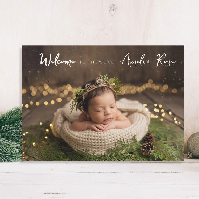 Welcome to World Calligraphy Elegant Photo Baby Announcement (baby announcement card modern calligraphy welcome to the world simple elegant classy rustic)