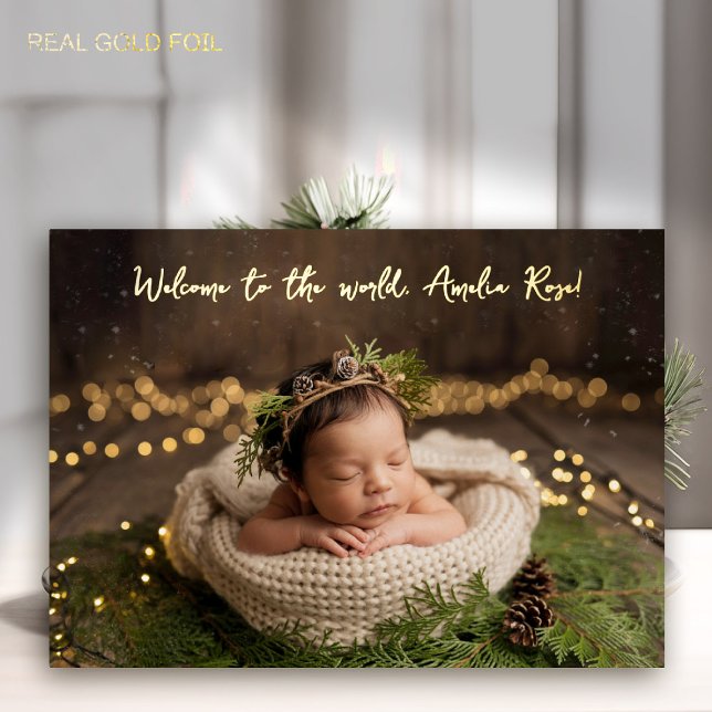 Welcome to World Calligraphy Minimalist Photo Baby (baby announcement card modern calligraphy welcome to the world simple elegant classy GOLD FOIL)