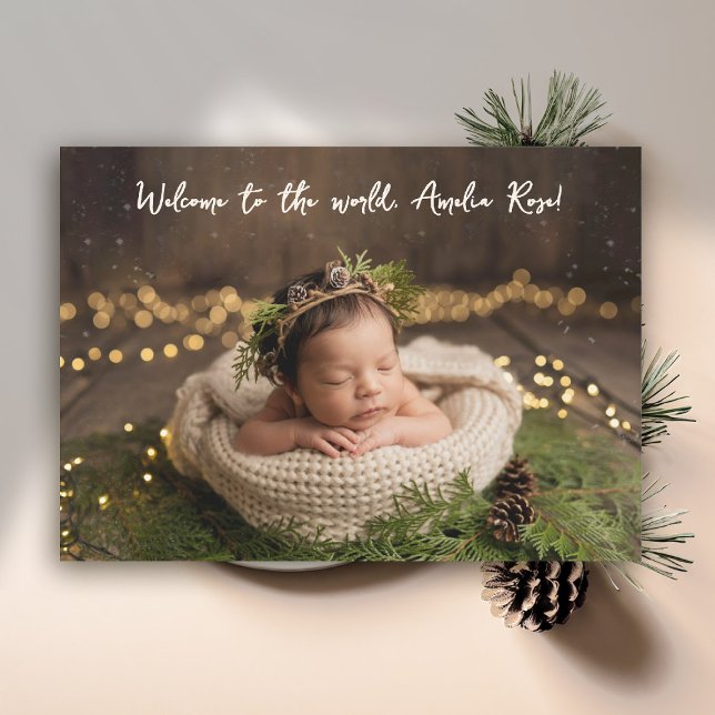 Welcome to World Calligraphy Minimalist Photo Baby Announcement (baby announcement card modern calligraphy welcome to the world simple elegant classy)