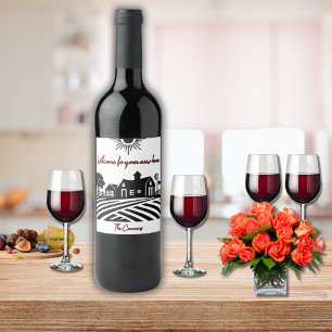 Welcome To Your New Home Black White Personalised Wine Label