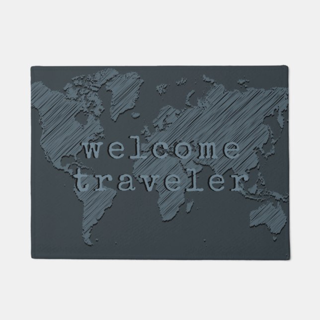 Welcome Traveller World Map Dark Grey Doormat (Front)