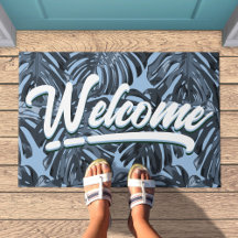 Welcome Tropical Boho Blue Jungle Leaves