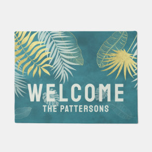 Welcome Tropical Golden Palm Family Name Doormat