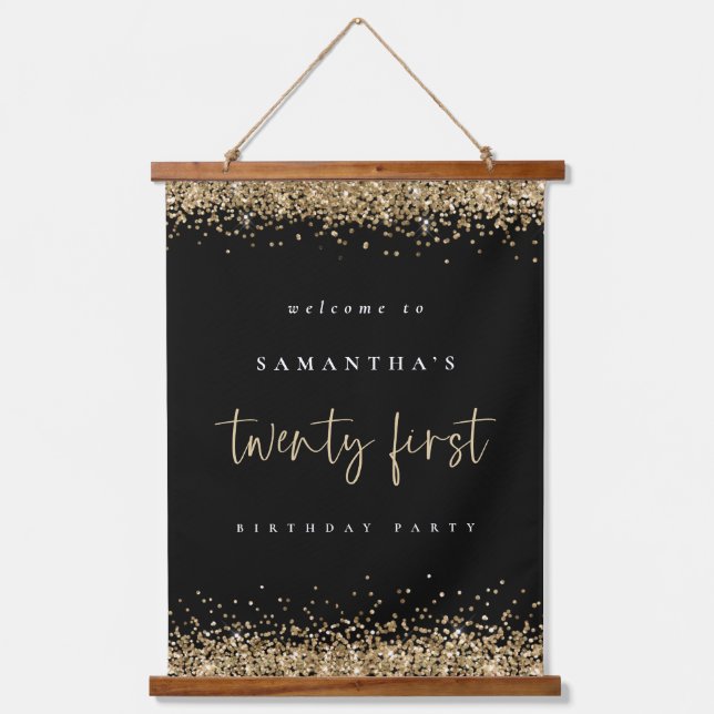 Welcome Twenty First Gold Glitter Name Black Hanging Tapestry (Front)