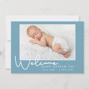 Welcome Typography Blue Baby Photo Announcement
