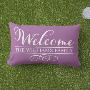 Welcome Violet Purple Custom Last Name Outdoor Cushion