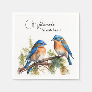 Welcome Watercolor Bluebirds on Pine Napkin
