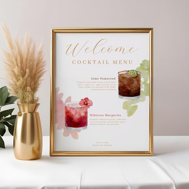 Welcome Watercolor Cocktails Wedding Drink Menu Poster (Welcome Watercolor Cocktails Wedding Drink Menu Poster)