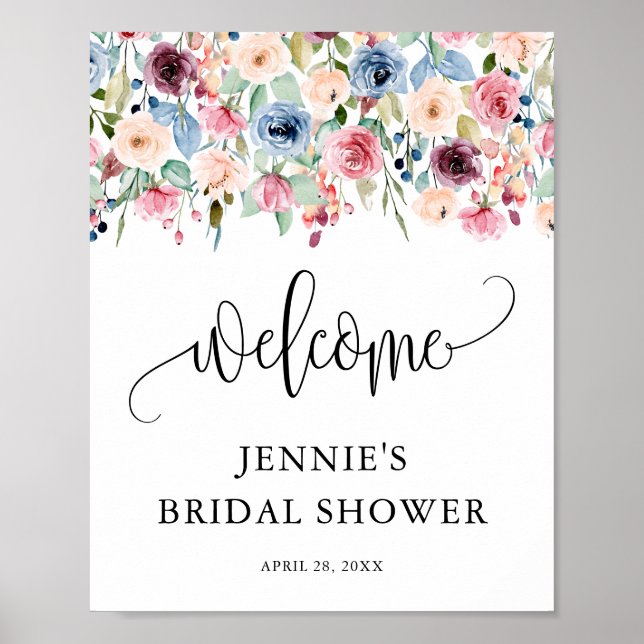 Welcome, Watercolor Flower Blooms Personalized Poster (Front)