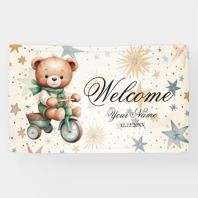 Welcome Watercolor Teddy Bear Green Bike Party Banner (Horizontal)