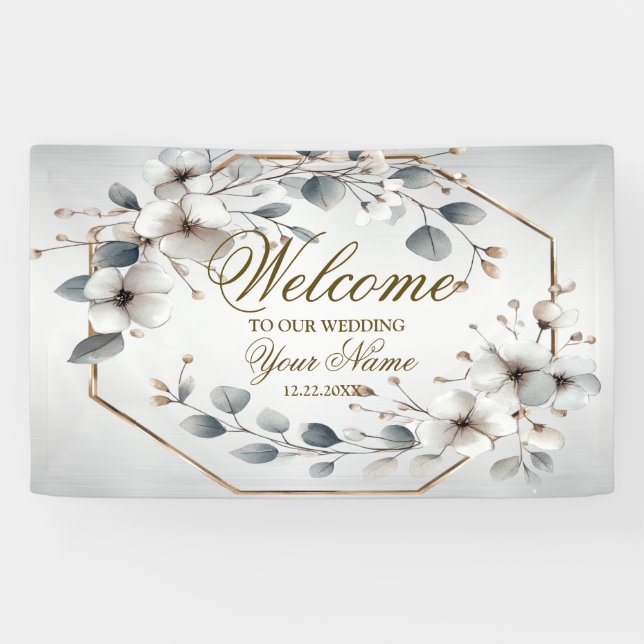Welcome Watercolor White Flowers Golden Silver Banner (Horizontal)