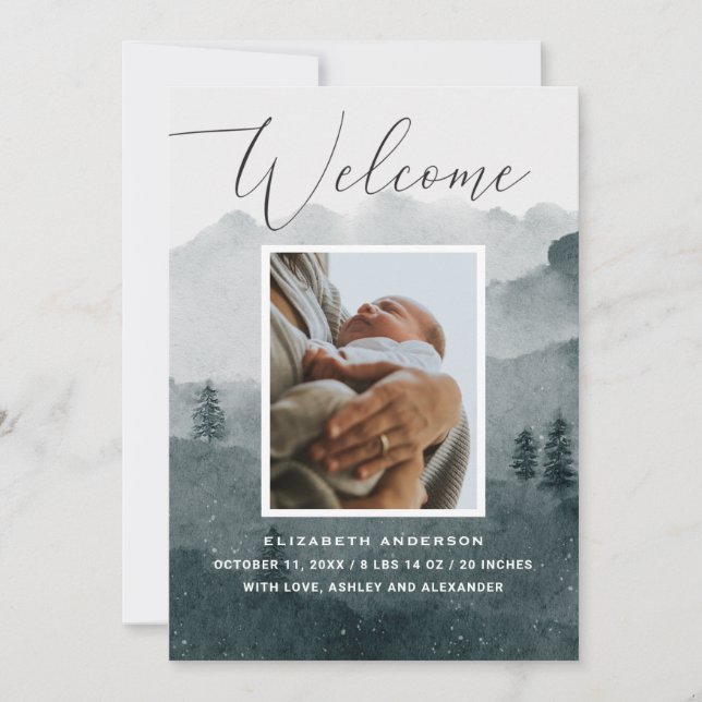 Welcome. Watercolor woodland winter baby birth Announcement (Front)