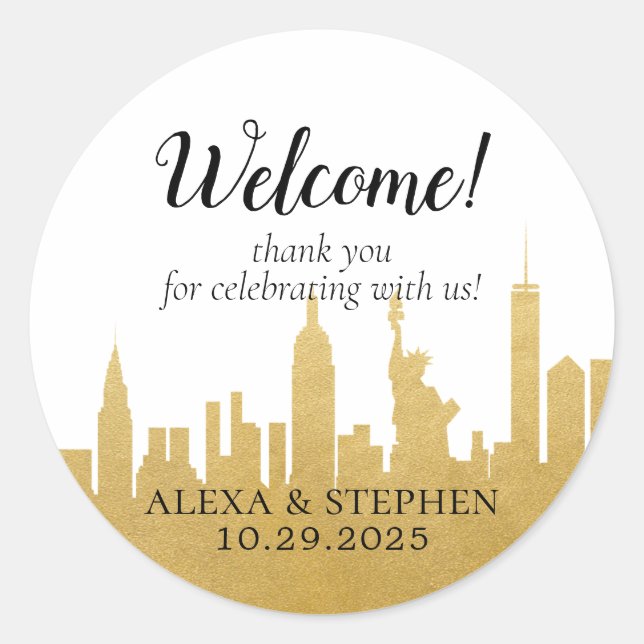 Welcome Wedding Bag New York City NYC Skyline Gold Classic Round Sticker (Front)