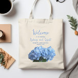 Welcome Wedding Bags Light Blue Hydrangeas<br><div class="desc">Blue hydrangea flowers wedding welcome bag for a destination wedding.  Customise blue script with your names,  location of event,  and date.  Give to guests as a thank-you for attending the wedding.</div>