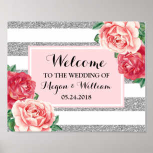 Welcome Wedding Blush Silver Stripes Pink Floral Poster
