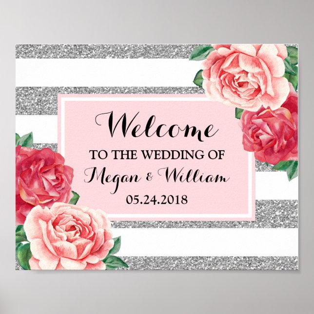 Welcome Wedding Blush Silver Stripes Pink Floral Poster (Front)
