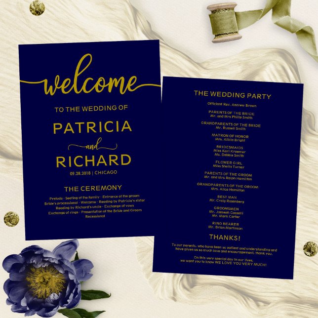 Welcome Wedding Ceremony Program Gold Navy Blue Programme (Creator Uploaded)