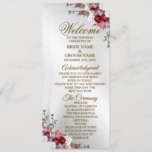 Welcome Wedding Colourful Red White Floral Silver Programme (Front/Back)