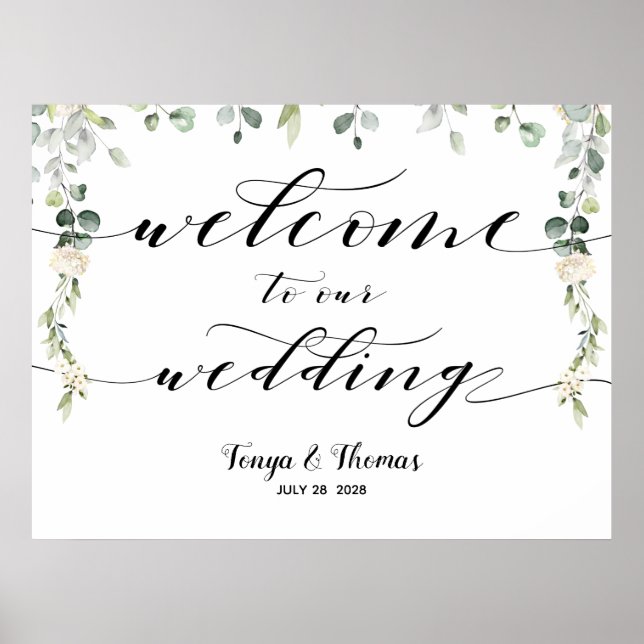 Welcome Wedding Greenery Swash Calligraphy Sign (Front)