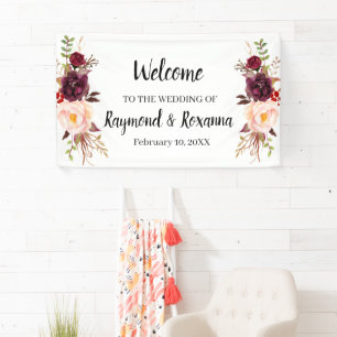 Welcome Wedding Marsala Flowers Banner
