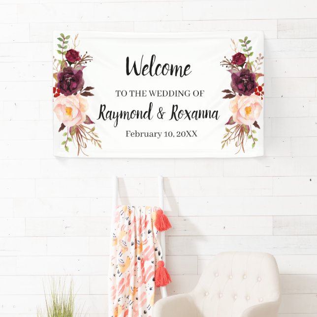 Welcome Wedding Marsala Flowers Banner (Insitu)