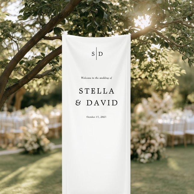 Welcome Wedding Monogram Vinyl Banner (Minimalist Black and White Wedding Monogram Welcome Vinyl Banner)