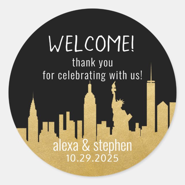 Welcome Wedding NYC Skyline New York City Gold Classic Round Sticker (Front)