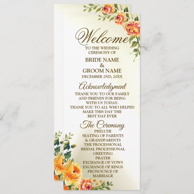 Welcome Wedding Orange Yellow Red Floral Greenery Programme (Front/Back)