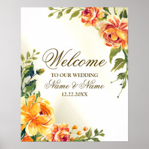 Welcome Wedding Party Orange Yellow Red Floral Poster